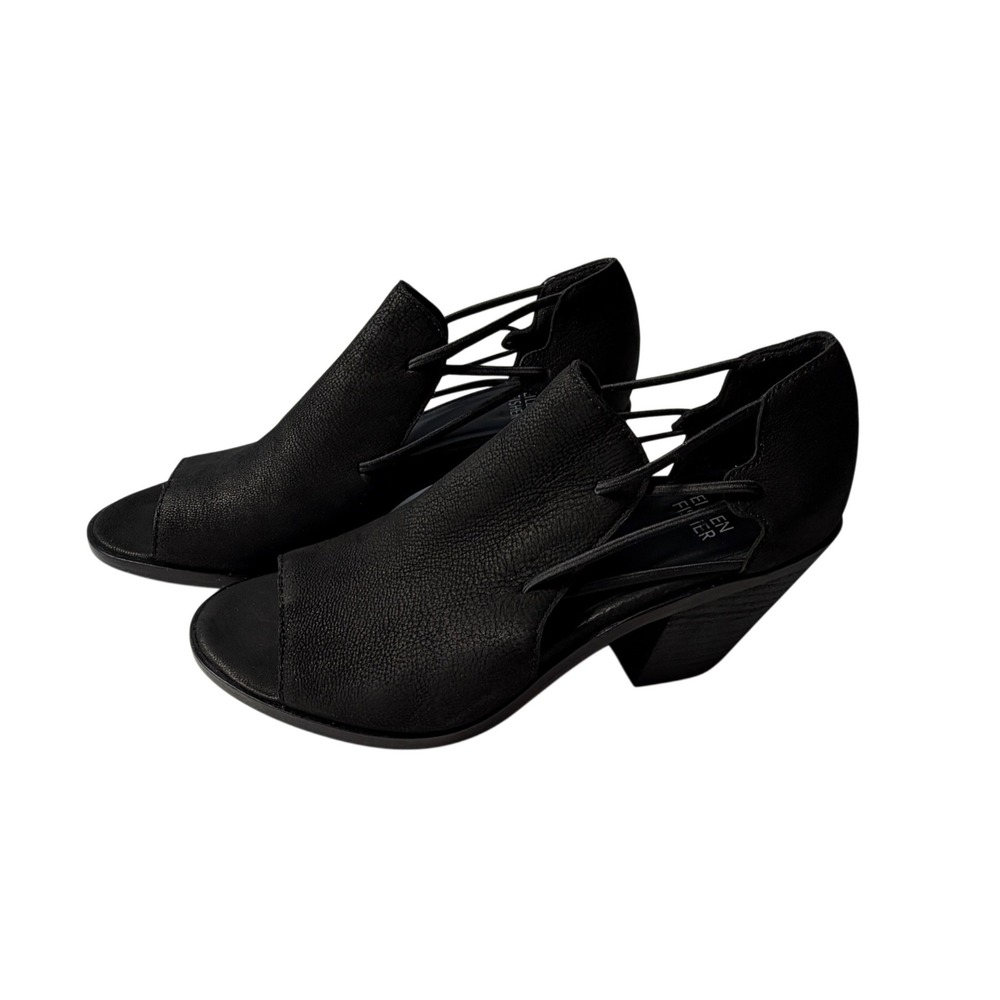 Eileen Fisher Nikki Black Nubuck Peep Toe Strappy Block Heel Sandals Sz 7.5
